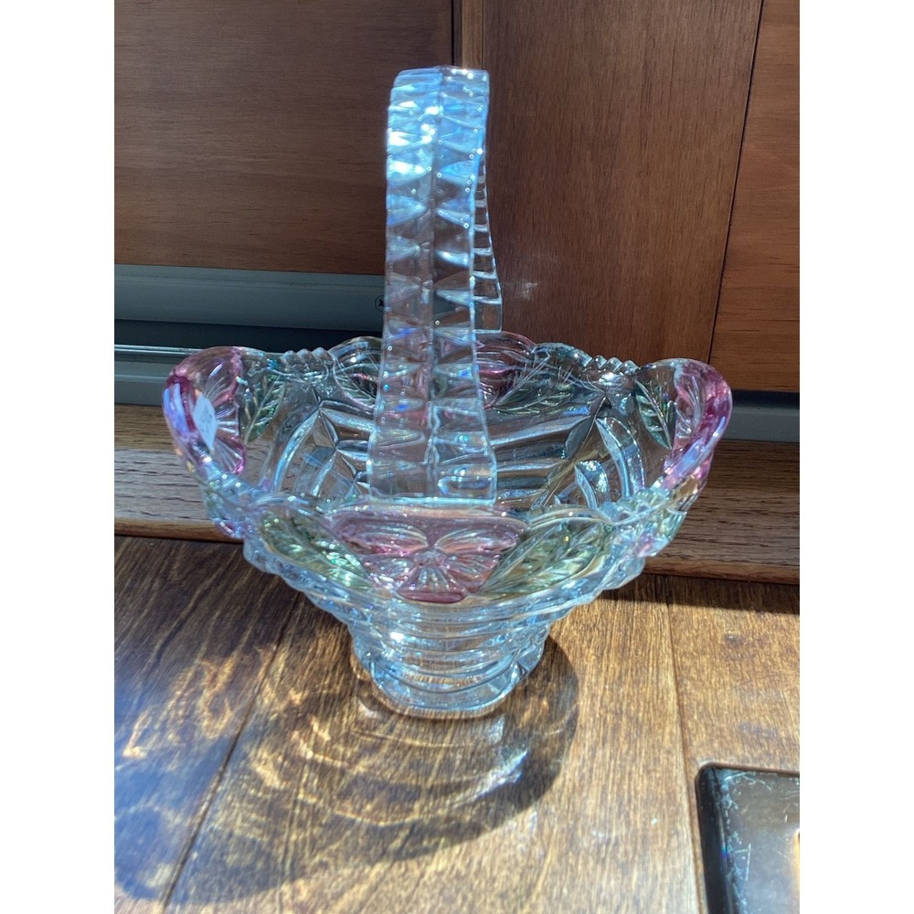 Vintage Mikasa crystal glass basket floral butterfly's pink green